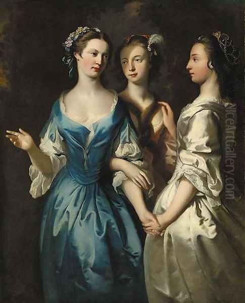 Three girls, three-quarter-length, in blue, pink and oyster satin dresses, in a landscape Oil Painting by Joseph Highmore