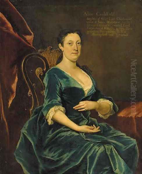 Portrait of Alice Caulfeild, daughter of William, 1st Viscount Charlemont, three-quarter-length, in a blue dress, seated in an interior Oil Painting by Joseph Highmore