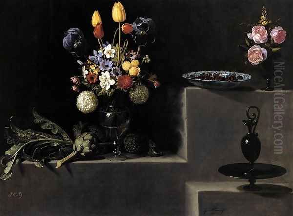 Still Life with Flowers, Artichokes, Cherries and Glassware 1627 Oil Painting by Juan Van Der Hamen