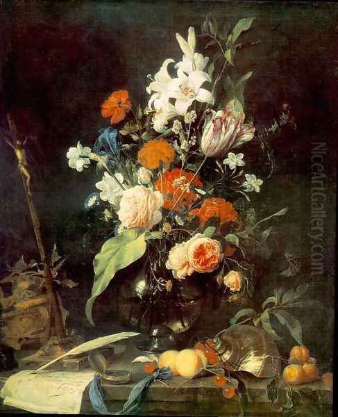 Flower Still-life with Crucifix and Skull 1630s Oil Painting by Jan Davidsz. De Heem