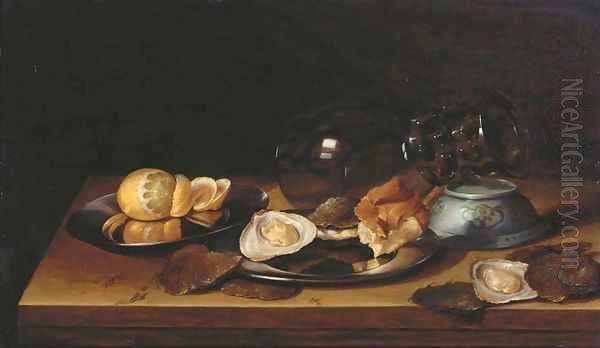 An upturned roemer and Chinese bowl Oil Painting by Jan Davidsz. De Heem