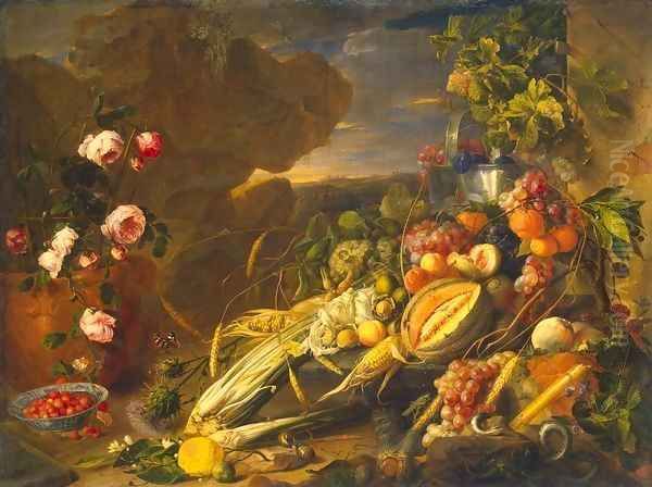 Fruit and a Vase of Flowers Oil Painting by Jan Davidsz. De Heem