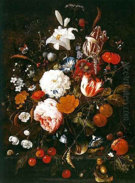 Still-Life with Flowers in a Glass Vase and Fruit Oil Painting by Jan Davidsz. De Heem