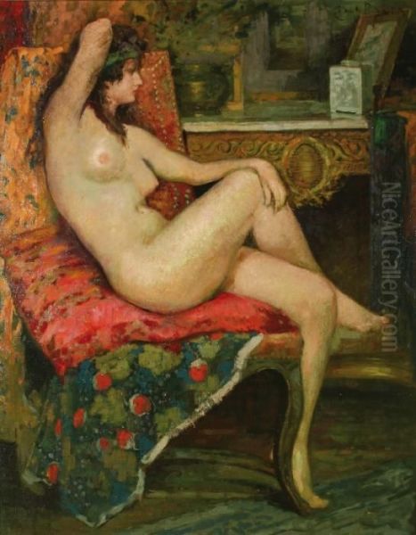 Interior Withnaked Beauty Seated In An Arm-chair In Front Of The Open Fire Oil Painting by Emile Baes