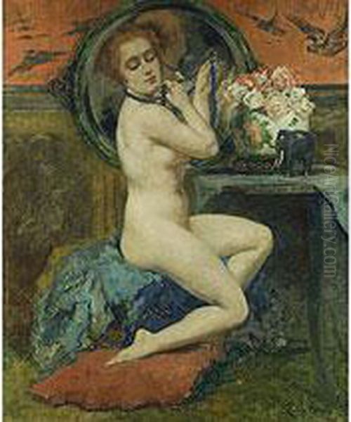 Frauenakt Beim Anlegen Einer Blauen Perlenkette Oil Painting by Emile Baes