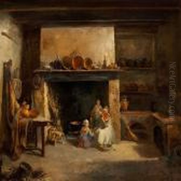 Kitchen Interior With Two Women And A Girl At The Fireplace Oil Painting by Joseph Bail