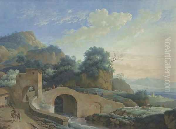 A mountain landscape with a bridge over a river in the foreground Oil Painting by Jacob Philipp Hackert