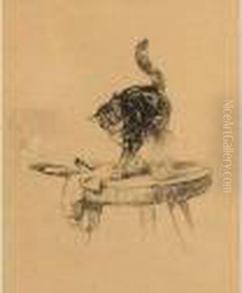 Bail Joseph (1862-1921). Chat Sur Un Tabouret. Dessin A L Encre.18cm X 15cm Au Dos Oil Painting by Joseph Bail