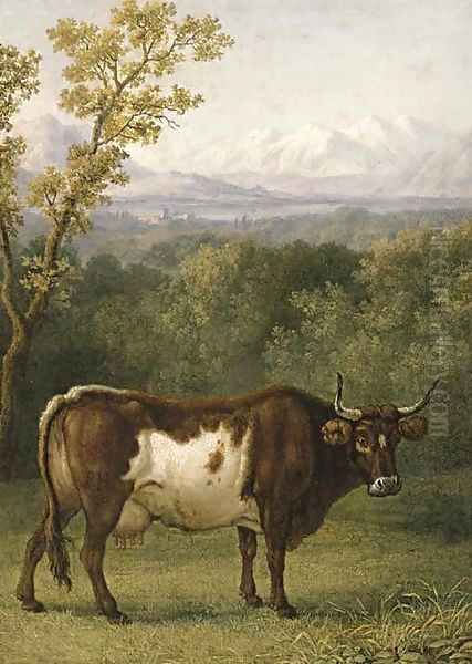 A cow out to pasture, an Alpine landscape beyond Oil Painting by Jacob Philipp Hackert