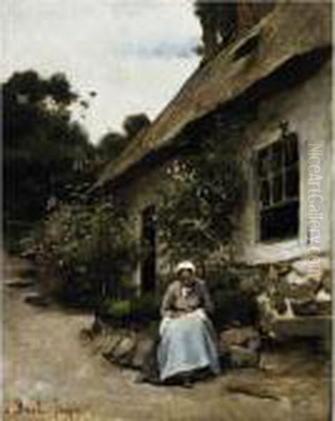 Woman Sewing In Front Of Her Cottage Oil Painting by Joseph Bail