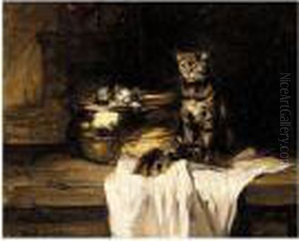 Mother And Kittens In A Pot Oil Painting by Joseph Bail