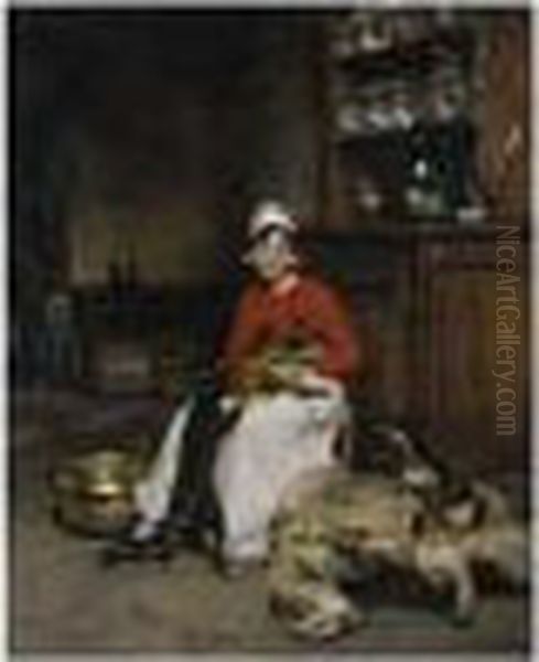 The Kitchen Maid With Three Puppies Oil Painting by Joseph Bail