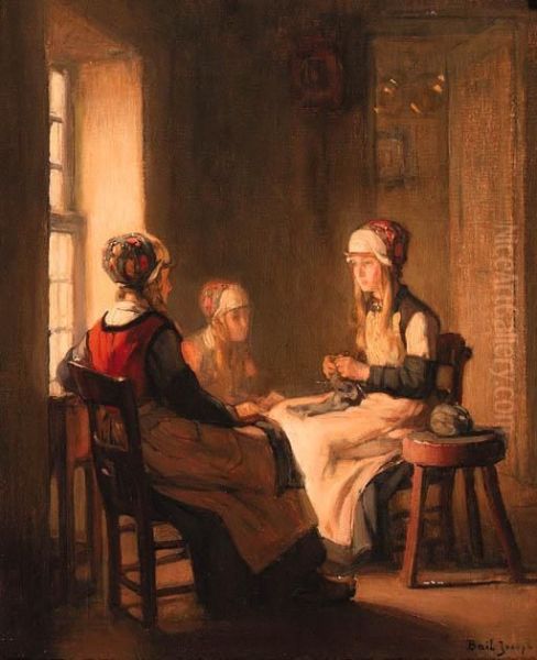 A Interior With Marken Girls Knitting Oil Painting by Joseph Bail