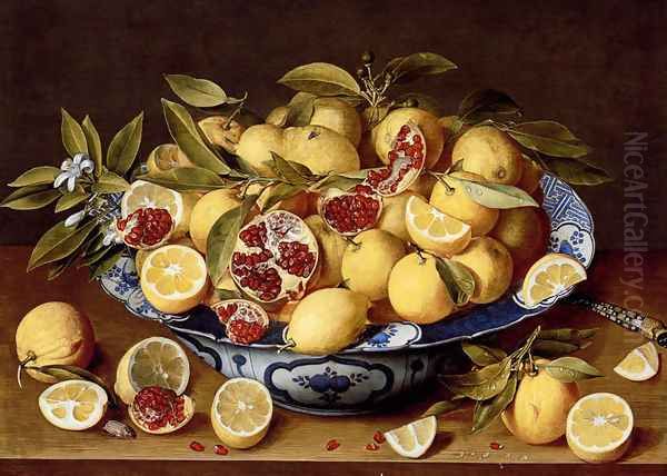 A Still Life Of A Wanli Kraak Porcelain Bowl Of Citrus Fruit And Pomegranates On A Wooden Table Oil Painting by Gerrit Van Honthorst