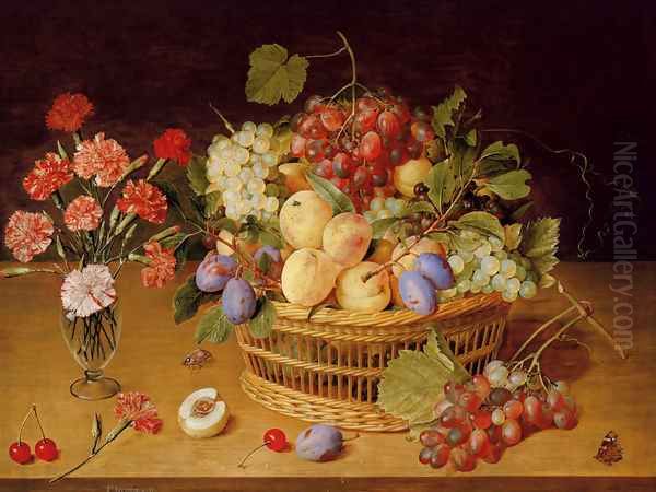 A Still Life Of A Vase Of Carnations To The Left Of A Basket Of Fruit Oil Painting by Gerrit Van Honthorst