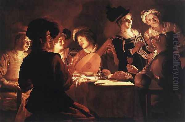 Supper With The Minstrel And His Lute Oil Painting by Gerrit Van Honthorst