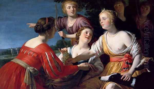 Diana Resting After The Hunt, With Shepherdesses And Two Greyhounds, A Landscape Beyond Oil Painting by Gerrit Van Honthorst