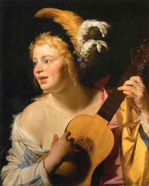 Woman Playing the Guitar Oil Painting by Gerrit Van Honthorst