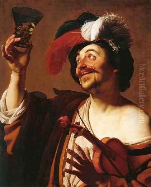 The Happy Violinist with a Glass of Wine Oil Painting by Gerrit Van Honthorst