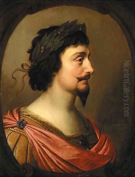 Portrait of King Frederick V of Bohemia, bust-length, in profile, a la Romaine, in a feigned oval cartouche Oil Painting by Gerrit Van Honthorst