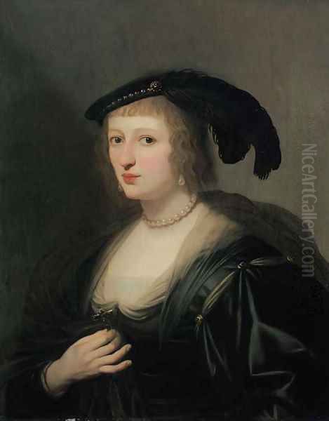 Portrait of Ursula van Solms, half-length, in a black dress and feathered hat, her crucifix in her right hand Oil Painting by Gerrit Van Honthorst