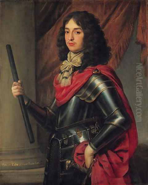 Portrait of Prince Edward of the Palatinate (1625-1663), three-quarter-length, in armour and a red mantle, a baton in his right hand, before a column Oil Painting by Gerrit Van Honthorst