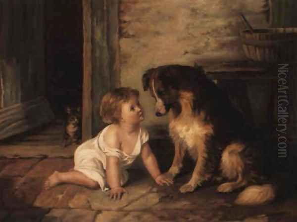 Making friends with a collie Oil Painting by Arthur Hacker