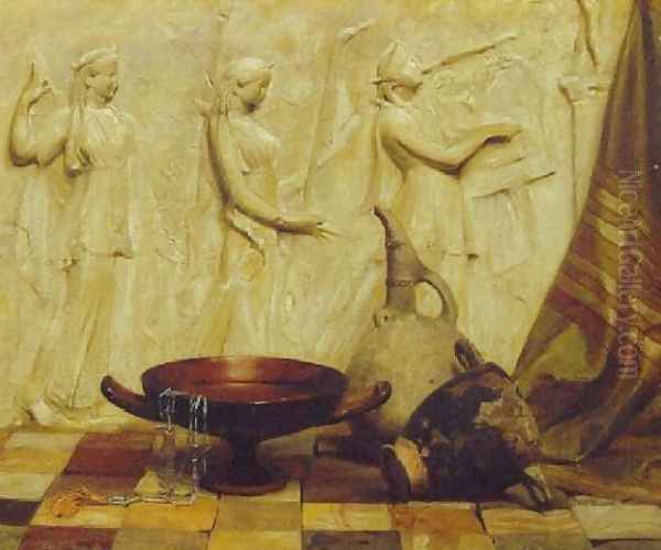 A skyphos, a kylix, a wine jug, and an Egyptian necklace before a Greek frieze, on marble tiles Oil Painting by Arthur Hacker