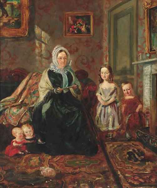 Group portrait of Mrs Davies, of Wormbridge Court, Hereford with four of her Clark grandchildren Oil Painting by William Holman Hunt