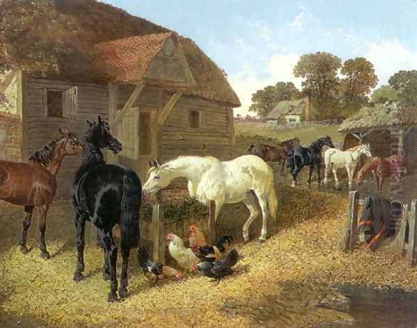 Farm Animals, Horses and Chickens in Farmyard Oil Painting by John Frederick Herring Snr