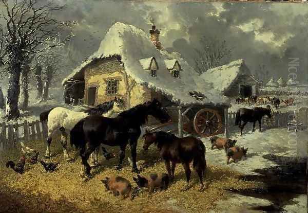 A Farmyard in Winter Oil Painting by John Frederick Herring Snr