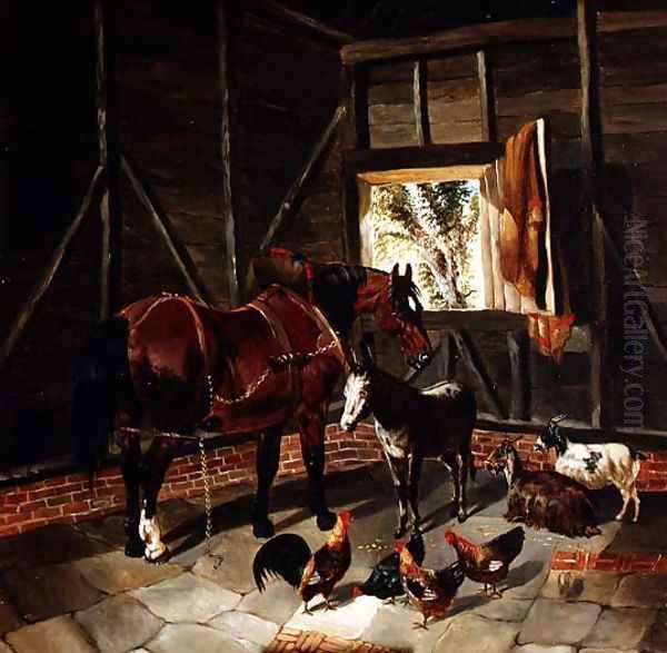 Stable Interior with Cart Horse and Donkey Oil Painting by John Frederick Herring Snr