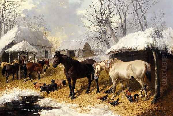 A Farmyard Scene In Winter Oil Painting by John Frederick Herring Snr