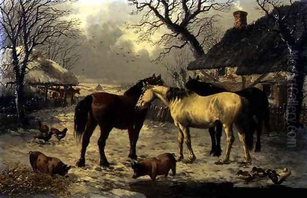 A Winter Farmyard Scene Oil Painting by John Frederick Herring Snr