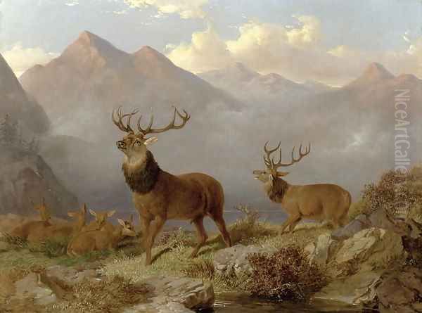 Stags And Hinds In A Highland Landscape, 1864 Oil Painting by John Frederick Herring Snr