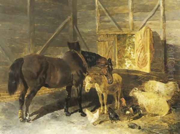 Liver Chestnut Carriage Horse Donkey Sheep Oil Painting by John Frederick Herring Snr