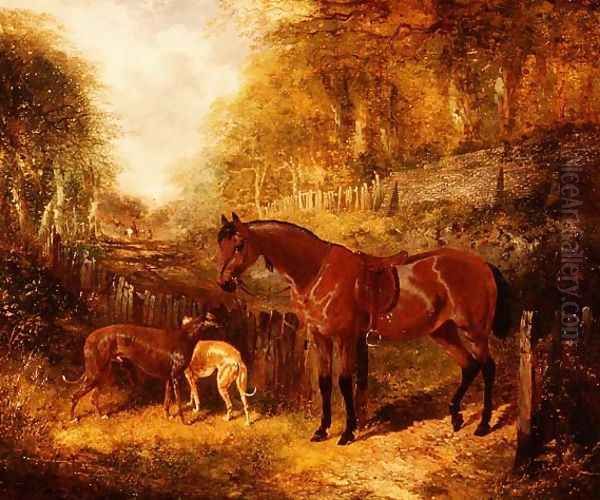 A saddled bay pony and greyhounds in a wooded river landscape Oil Painting by John Frederick Herring Snr