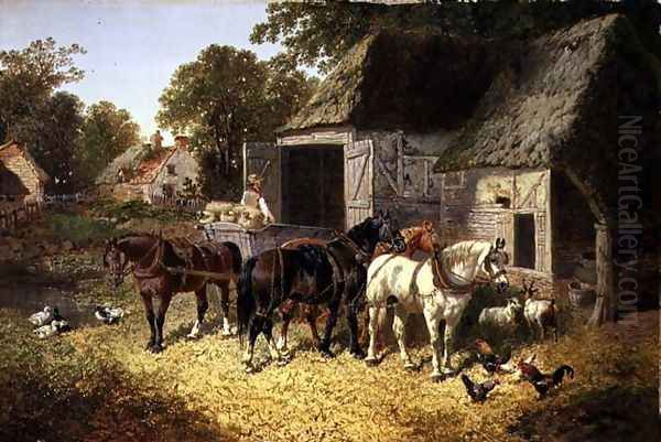 Three Horses at a Haystack Oil Painting by John Frederick Herring Snr