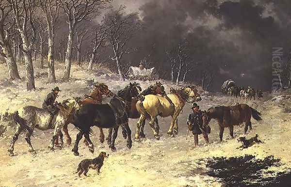 Horses in the Snow Oil Painting by John Frederick Herring Snr