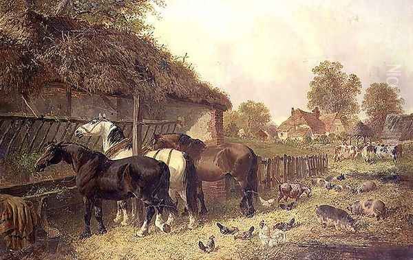 Three Horses at a Manger Oil Painting by John Frederick Herring Snr