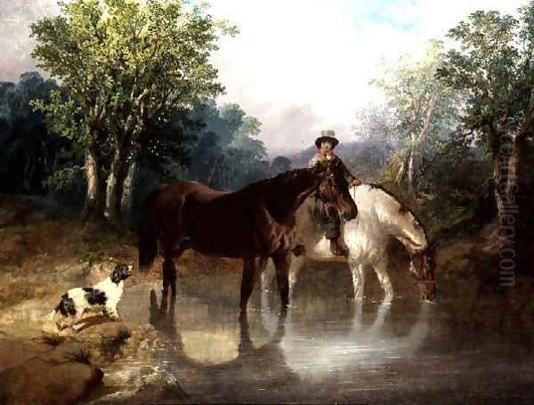 Two horses, a man and a dog by a stream Oil Painting by John Frederick Herring Snr