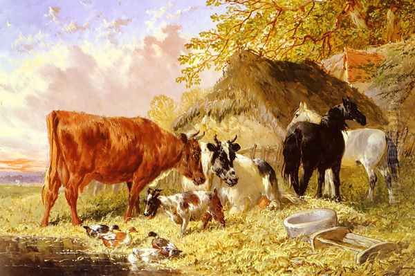 Horses, Cows, Ducks and a Goat by a Farmhouse Oil Painting by John Frederick Herring Snr