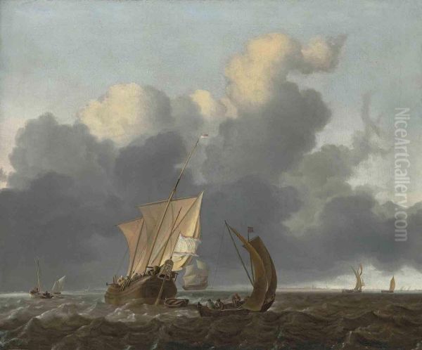 Sint Joan And Other Shipping In Choppy Waters, A Town Beyond Oil Painting by Ludolf Backhuysen