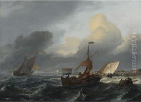 Small Dutch Vessels In Breezy Coastal Waters, A Harborbeyond Oil Painting by Ludolf Backhuysen