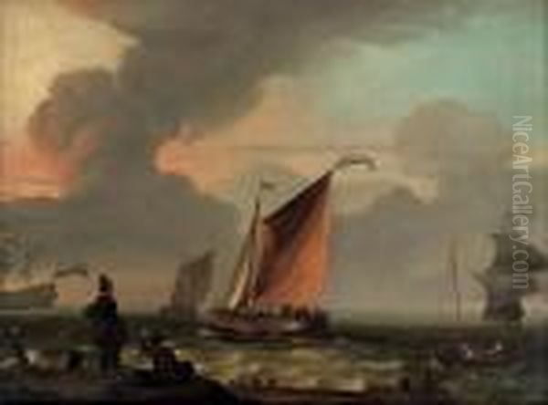 Shipping In Choppy Waters With Fisherfolk In The Foreground Oil Painting by Ludolf Backhuysen