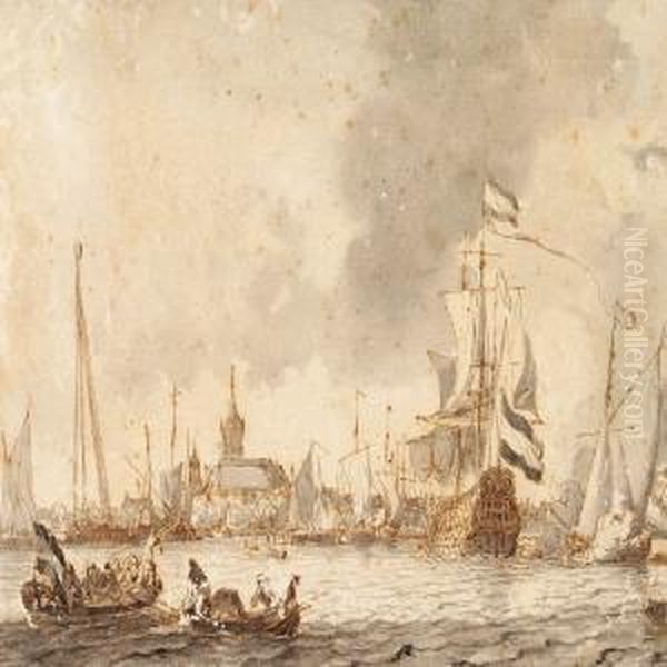 A Harbour View With A Man Of War And Several Smaller Ships Oil Painting by Ludolf Backhuysen