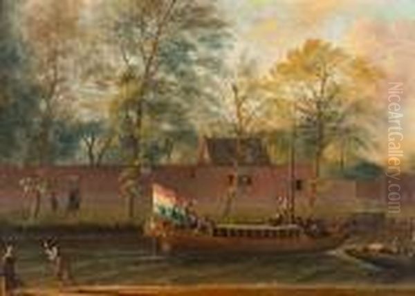 Ships In A Canal. Oil Painting by Ludolf Backhuysen