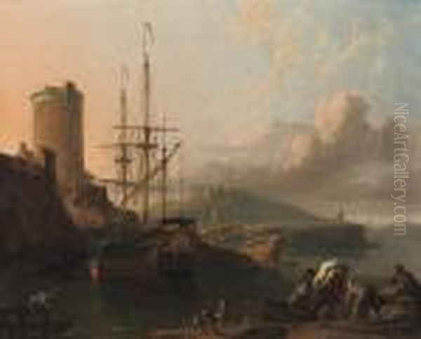 A Mediterranean Coastal Scene At
 Sunset With A Royal Yacht Beingcaulked, A Tower By A Fort Nearby, 
Sailors Unloading Cargo In Theforeground Oil Painting by Ludolf Backhuysen