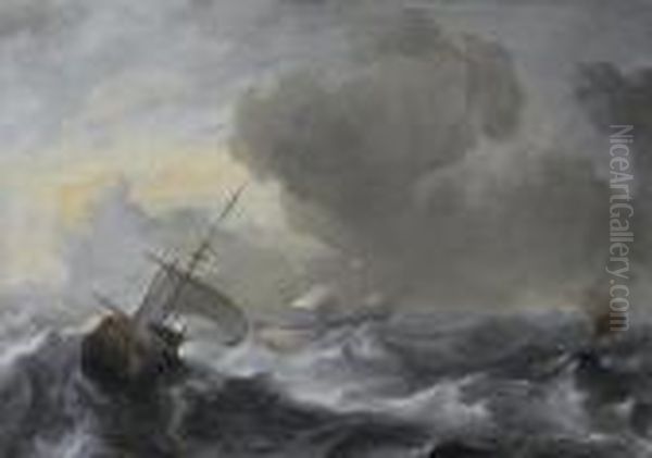 A Threemaster With The Amsterdam Coat-of-arms, With Other Vessels, In A Storm Oil Painting by Ludolf Backhuysen