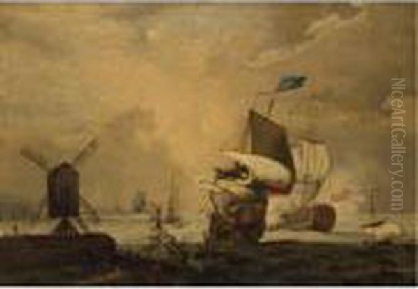 An English Man-of-war Firing A Salute Off The Coast Oil Painting by Ludolf Backhuysen